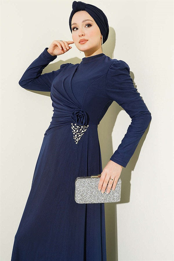 Navy Blue Draped Tulle Evening Dress with Triangle Stone Detail