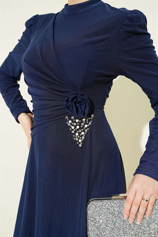 Navy Blue Draped Tulle Evening Dress with Triangle Stone Detail