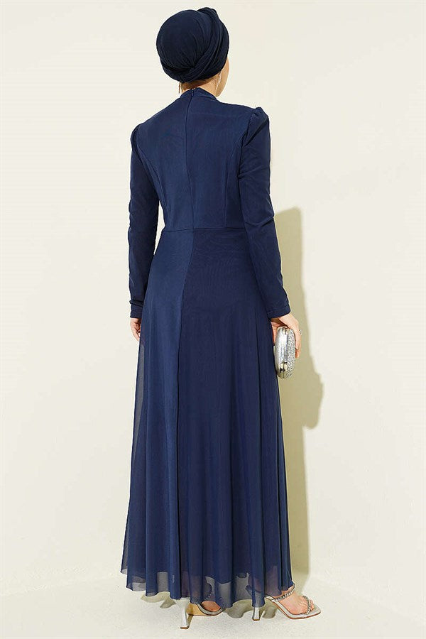 Navy Blue Draped Tulle Evening Dress with Triangle Stone Detail