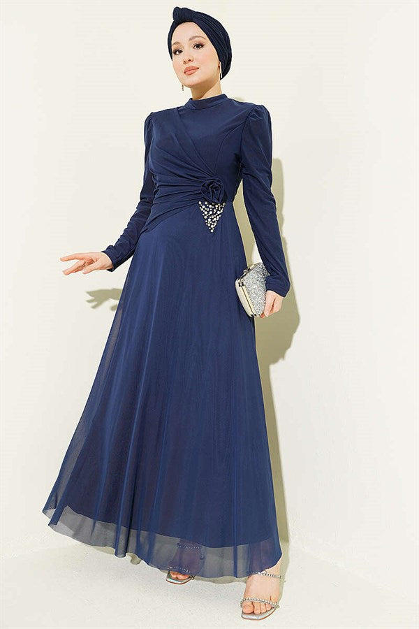 Navy Blue Draped Tulle Evening Dress with Triangle Stone Detail