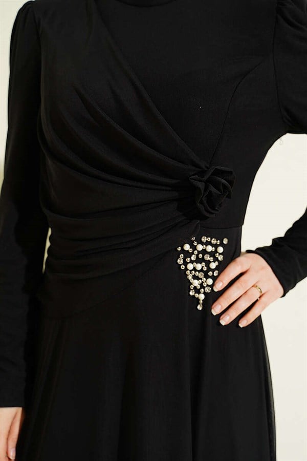 Triangle Stone Detail Draped Tulle Evening Dress Black