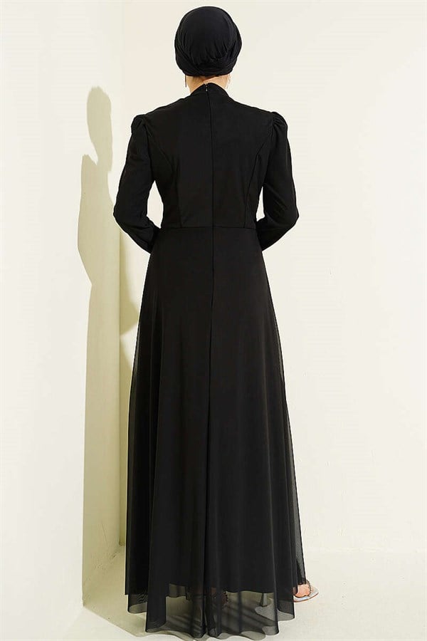 Triangle Stone Detail Draped Tulle Evening Dress Black
