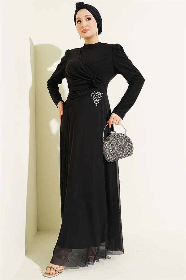 Triangle Stone Detail Draped Tulle Evening Dress Black