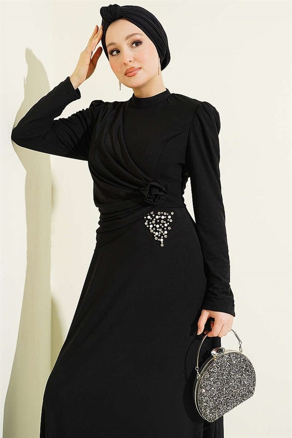 Triangle Stone Detail Draped Tulle Evening Dress Black