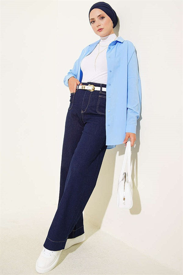 Navy Blue Palazzo Jeans with Top Pockets