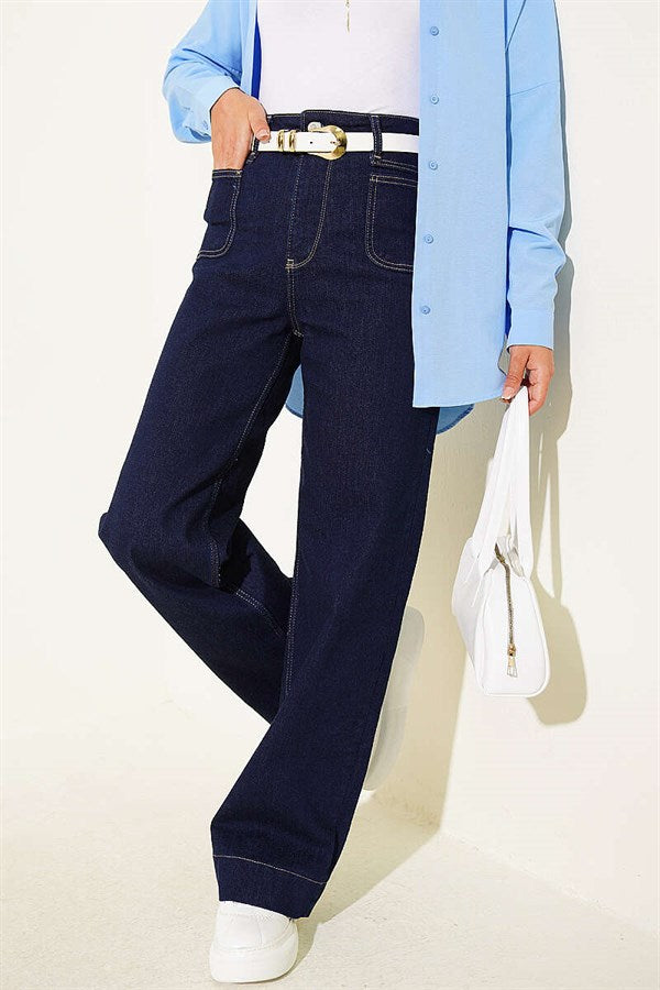 Navy Blue Palazzo Jeans with Top Pockets