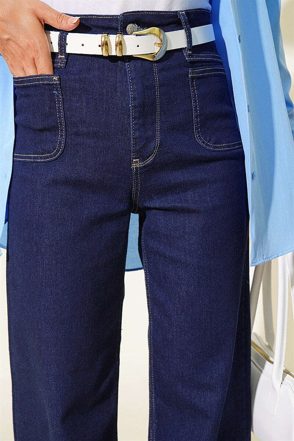 Navy Blue Palazzo Jeans with Top Pockets
