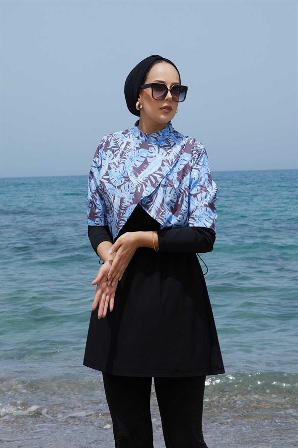 Allerli Patterned Modest Swimsuit Blue