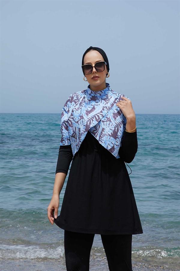 Allerli Patterned Modest Swimsuit Blue