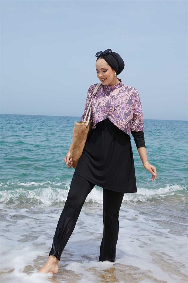 Allerli Patterned Modest Swimsuit Purple