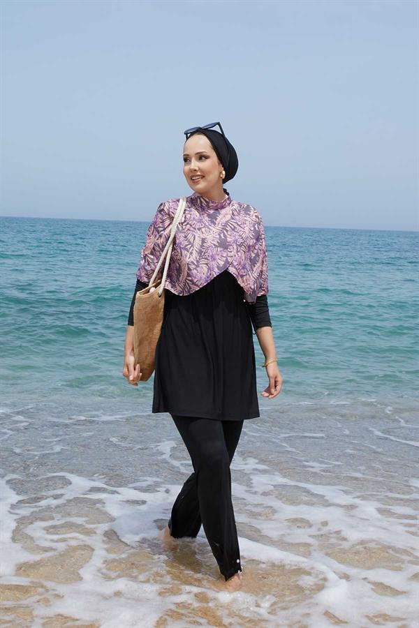 Allerli Patterned Modest Swimsuit Purple
