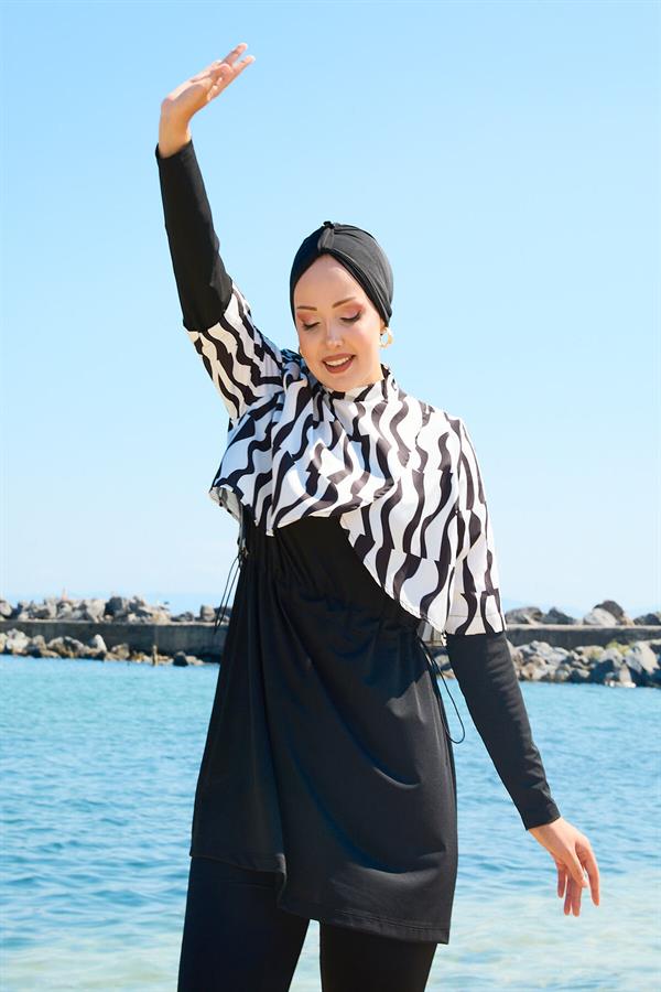 Allerli Patterned Burkini Swimsuit Black and White