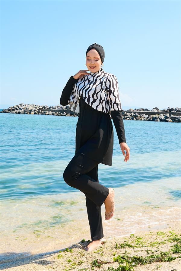 Allerli Patterned Burkini Swimsuit Black and White
