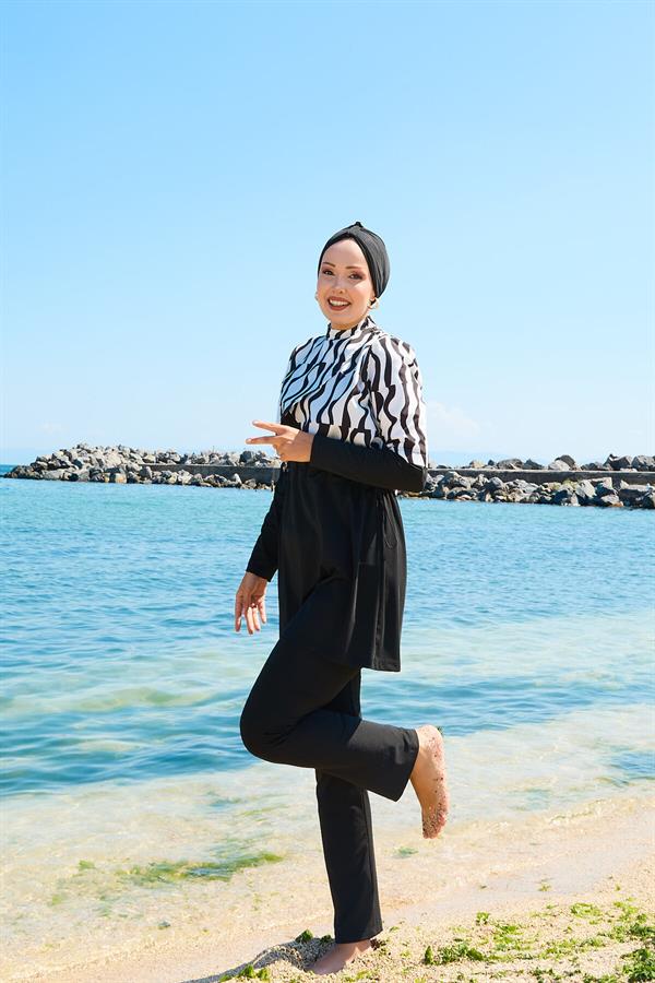 Allerli Patterned Burkini Swimsuit Black and White