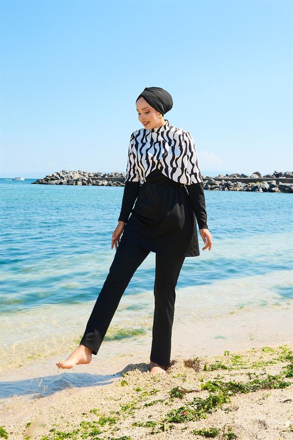 Allerli Patterned Burkini Swimsuit Black and White