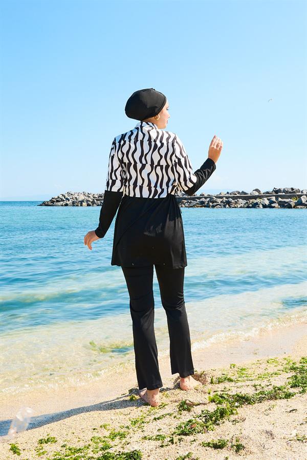Allerli Patterned Burkini Swimsuit Black and White