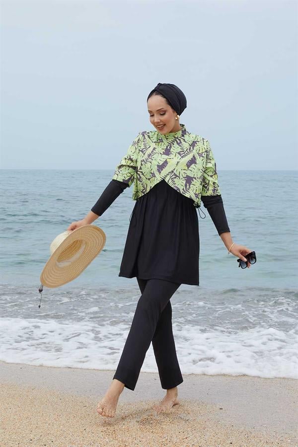 Allerli Patterned Modest Swimsuit Oil Green