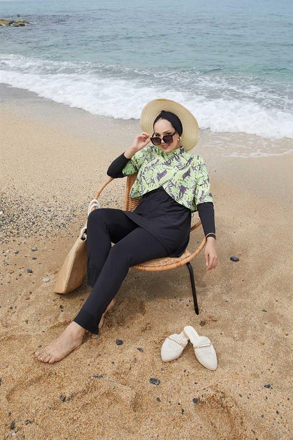 Allerli Patterned Modest Swimsuit Oil Green