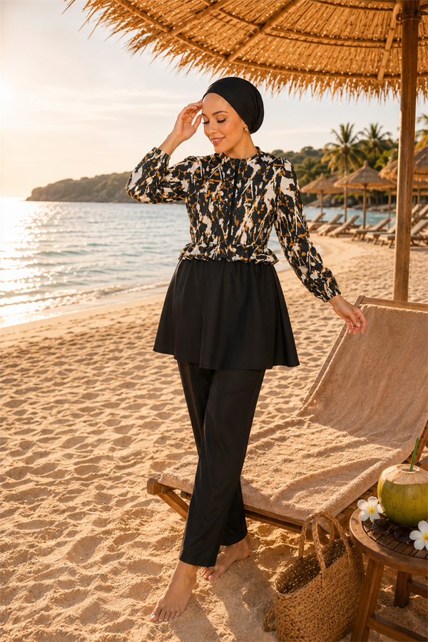 Swimsuit Burkini 3 Piece Set with Patterned Top, Ruffled Waist and Zipper Detail, Black and Orange