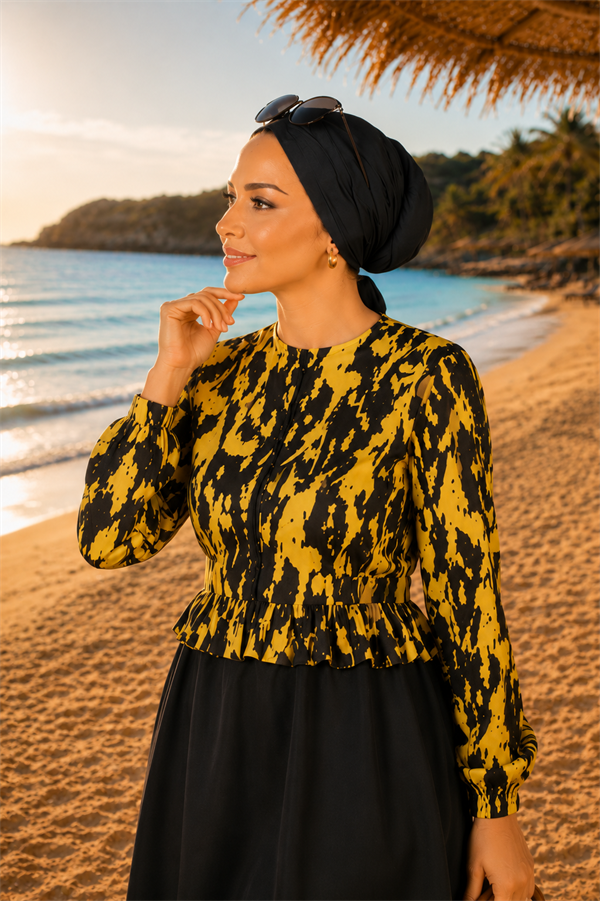 Swimsuit Burkini 3 Piece Set with Patterned Top, Ruffled Waist and Zipper Detail, Black and Yellow