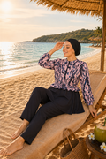 Swimsuit Burkini 3 Piece Set in black with patterned top, ruffled waist and zipper detail.