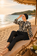 Swimsuit Burkini 3 Piece Set with Patterned Top, Ruffled Waist and Zipper Detail, Black and Orange