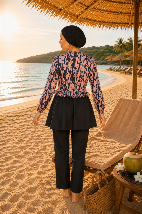 Swimsuit Burkini 3 Piece Set in black with patterned top, ruffled waist and zipper detail.