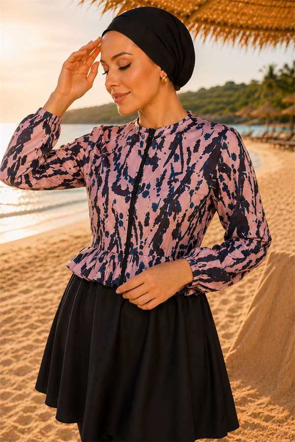 Swimsuit Burkini 3 Piece Set in black with patterned top, ruffled waist and zipper detail.