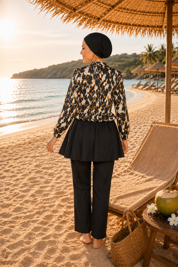 Swimsuit Burkini 3 Piece Set with Patterned Top, Ruffled Waist and Zipper Detail, Black and Orange