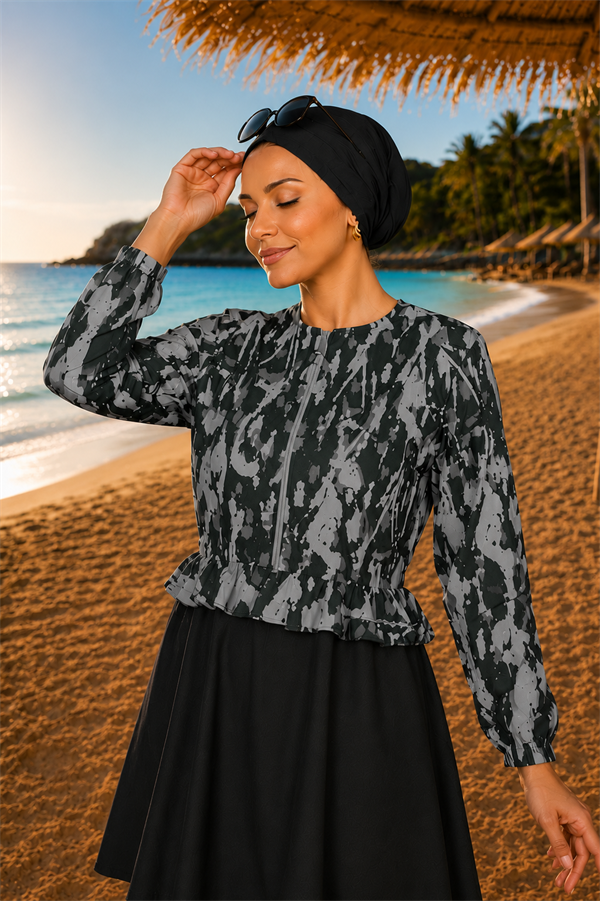 Swimsuit Burkini 3 Piece Set with Patterned Top, Ruffled Waist and Zipper Detail, Black-Gray