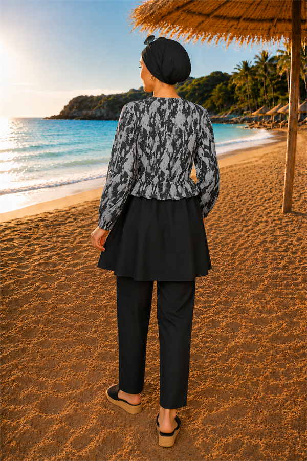 Swimsuit Burkini 3 Piece Set with Patterned Top, Ruffled Waist and Zipper Detail, Black-Gray