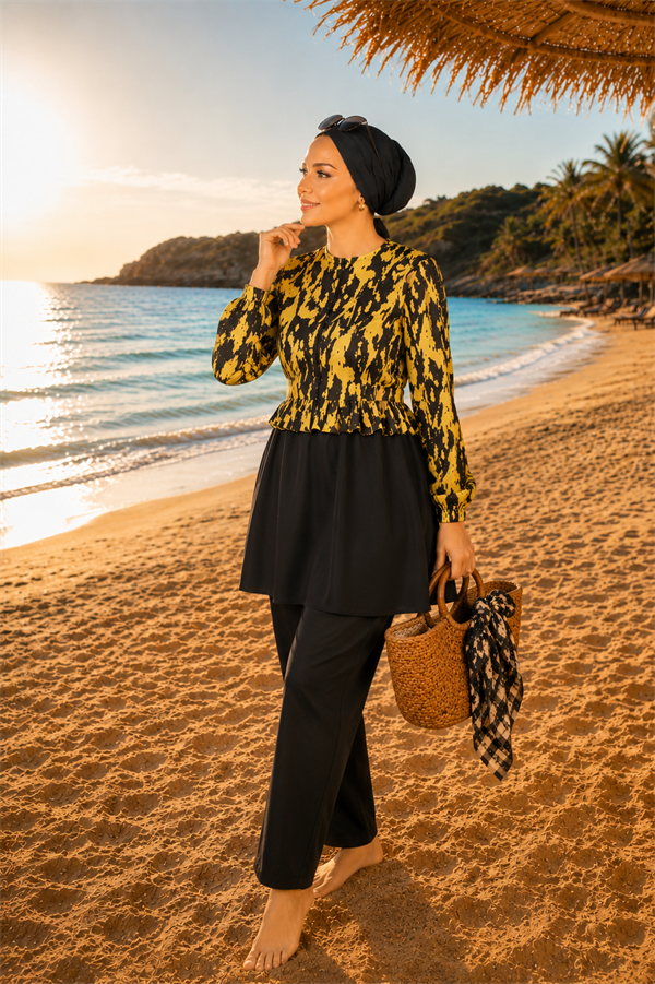 Swimsuit Burkini 3 Piece Set with Patterned Top, Ruffled Waist and Zipper Detail, Black and Yellow