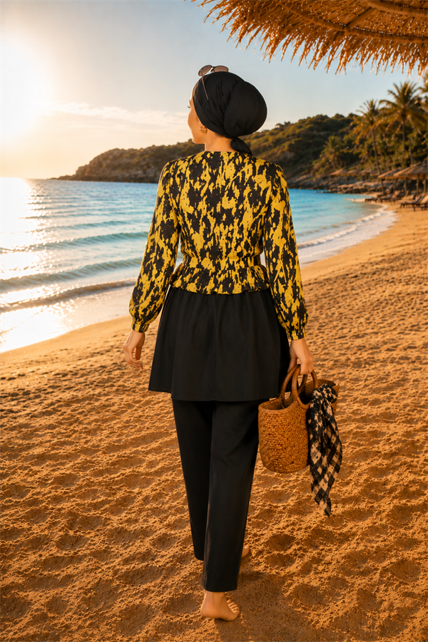 Swimsuit Burkini 3 Piece Set with Patterned Top, Ruffled Waist and Zipper Detail, Black and Yellow
