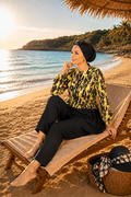 Swimsuit Burkini 3 Piece Set with Patterned Top, Ruffled Waist and Zipper Detail, Black and Yellow