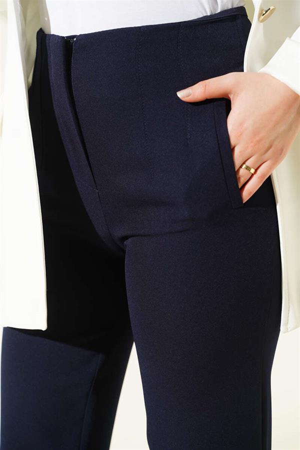 Ironed Striped Slim-Fit Trousers, Navy Blue