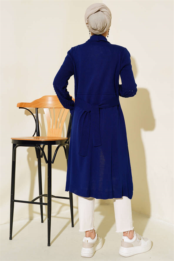Grape Patterned Long Cardigan with Drawstring Sleeves, Navy Blue