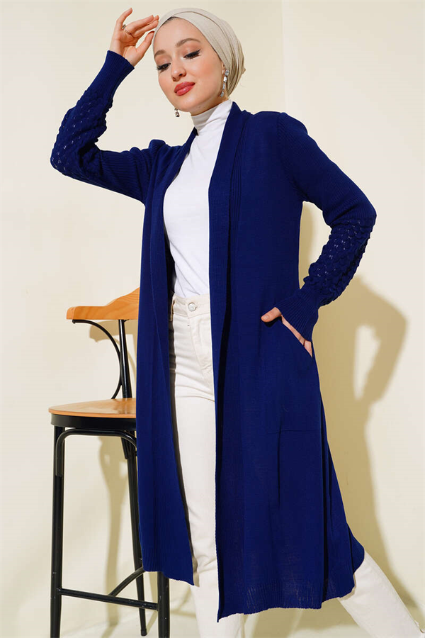 Grape Patterned Long Cardigan with Drawstring Sleeves, Navy Blue