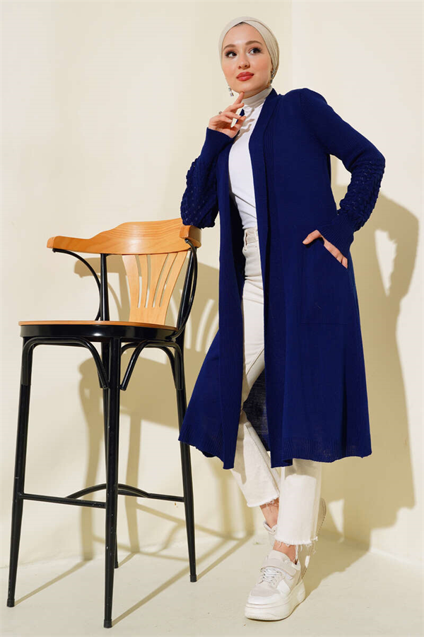 Grape Patterned Long Cardigan with Drawstring Sleeves, Navy Blue