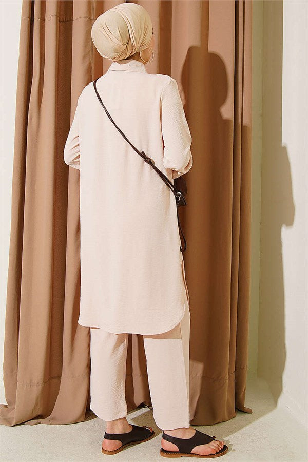 Long Shirt Basic 2 Piece Set Beige