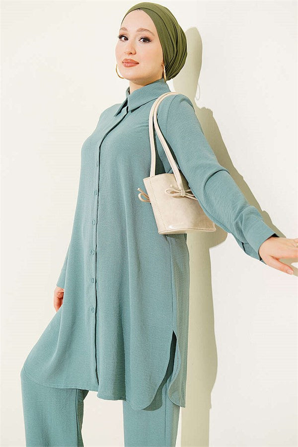Long Shirt Basic 2 Piece Set in Light Green
