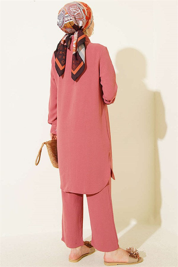 Long Shirt Basic 2 Piece Set, Rose Pink
