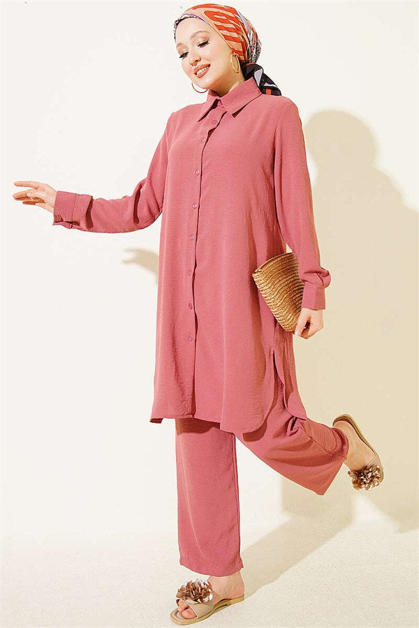 Long Shirt Basic 2 Piece Set, Rose Pink