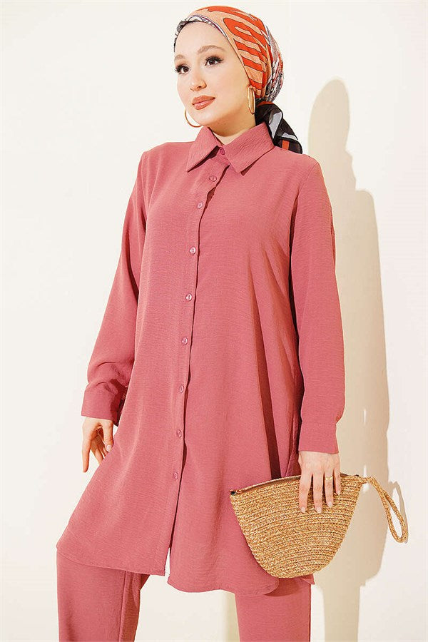 Long Shirt Basic 2 Piece Set, Rose Pink