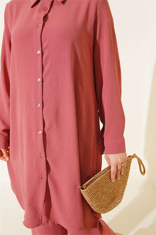 Long Shirt Basic 2 Piece Set, Rose Pink
