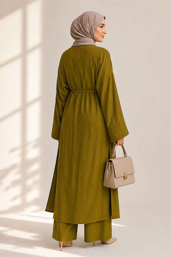 Long Cardigan 2 Piece Set in Olive Green