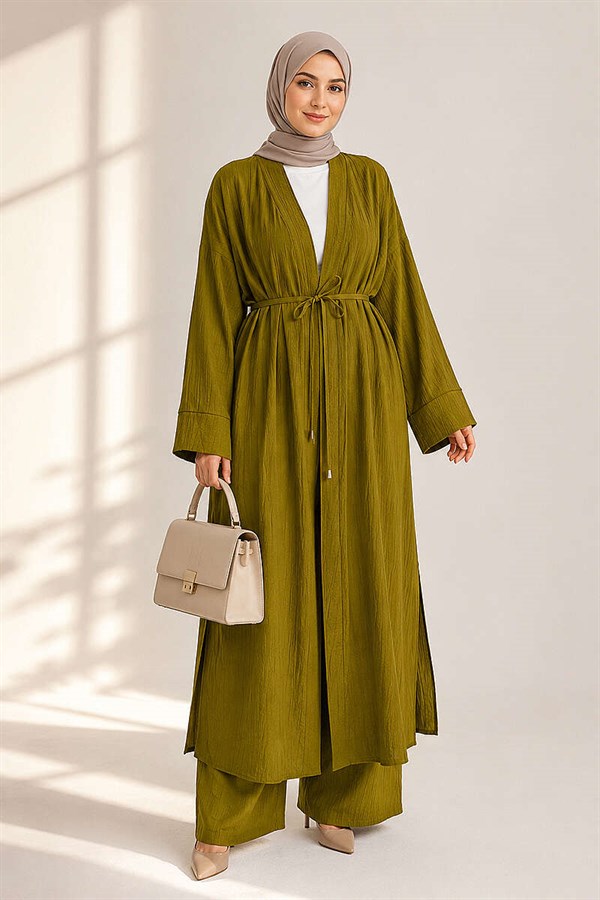 Long Cardigan 2 Piece Set in Olive Green