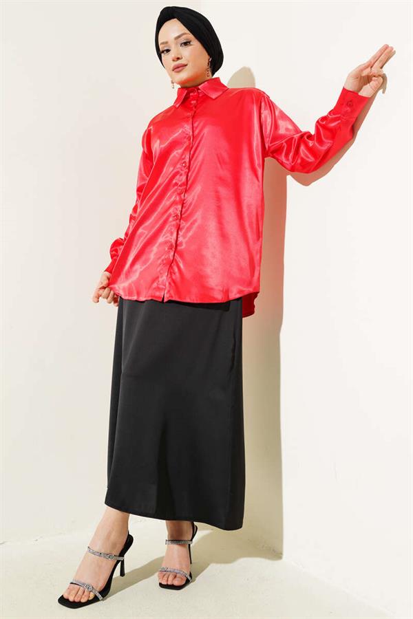 Long Sleeve Satin Shirt Red