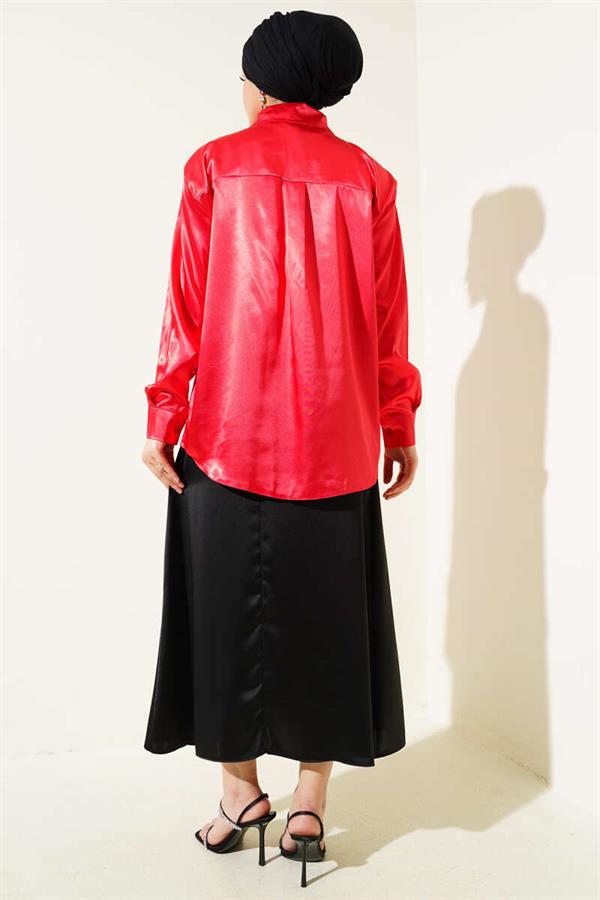 Long Sleeve Satin Shirt Red