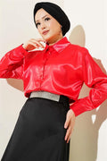 Long Sleeve Satin Shirt Red