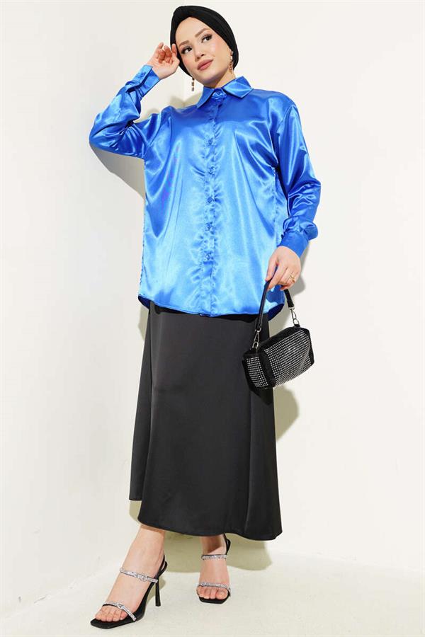 Long Sleeve Satin Shirt Saxe
